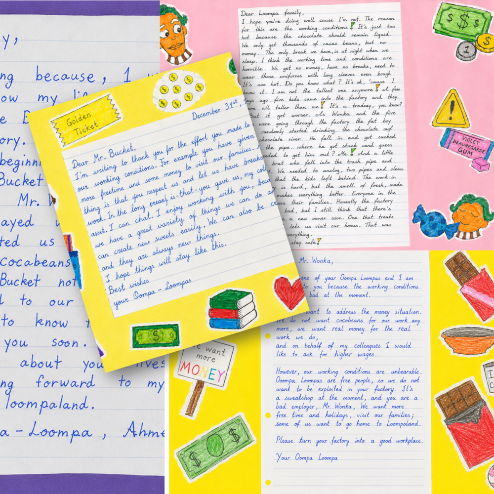 Collage: Oompa Loompa letter to Charlie - 10 years later