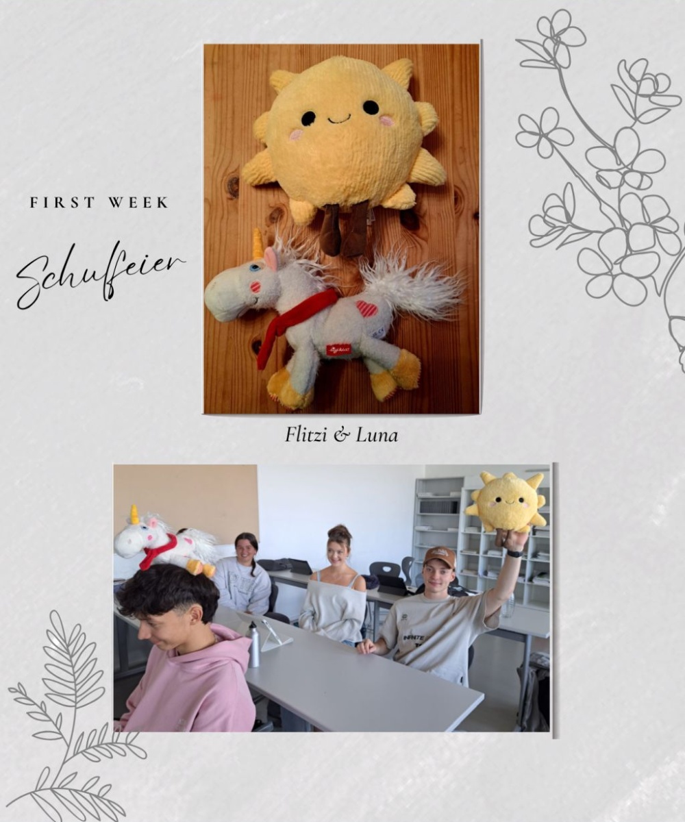 2 Fotos von den Maskottchen der Schulstartfeier
