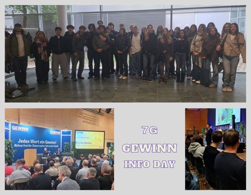 Foto: Teaserbild mit Gruppenfoto der 7G und zwei Fotos der Vortr&auml;ge am Gewinn InfoDay