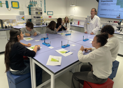 Foto: 7 Sch&uuml;ler:innen bei der Auswertung eines Experiments