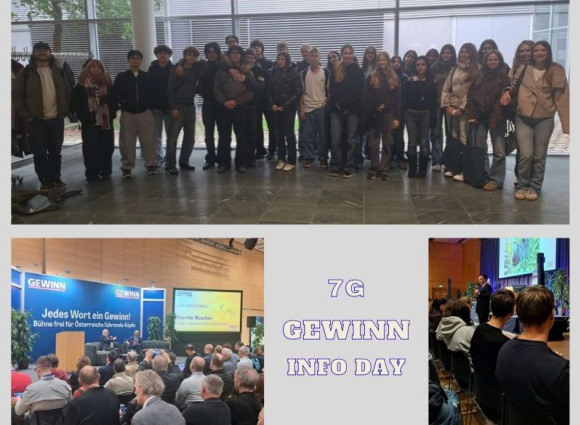 Foto: Teaserbild mit Gruppenfoto der 7G und zwei Fotos der Vortr&auml;ge am Gewinn InfoDay