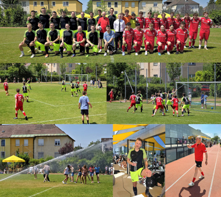 Collage mit sechs Fotos der beiden Teams und des Fussballmatches
